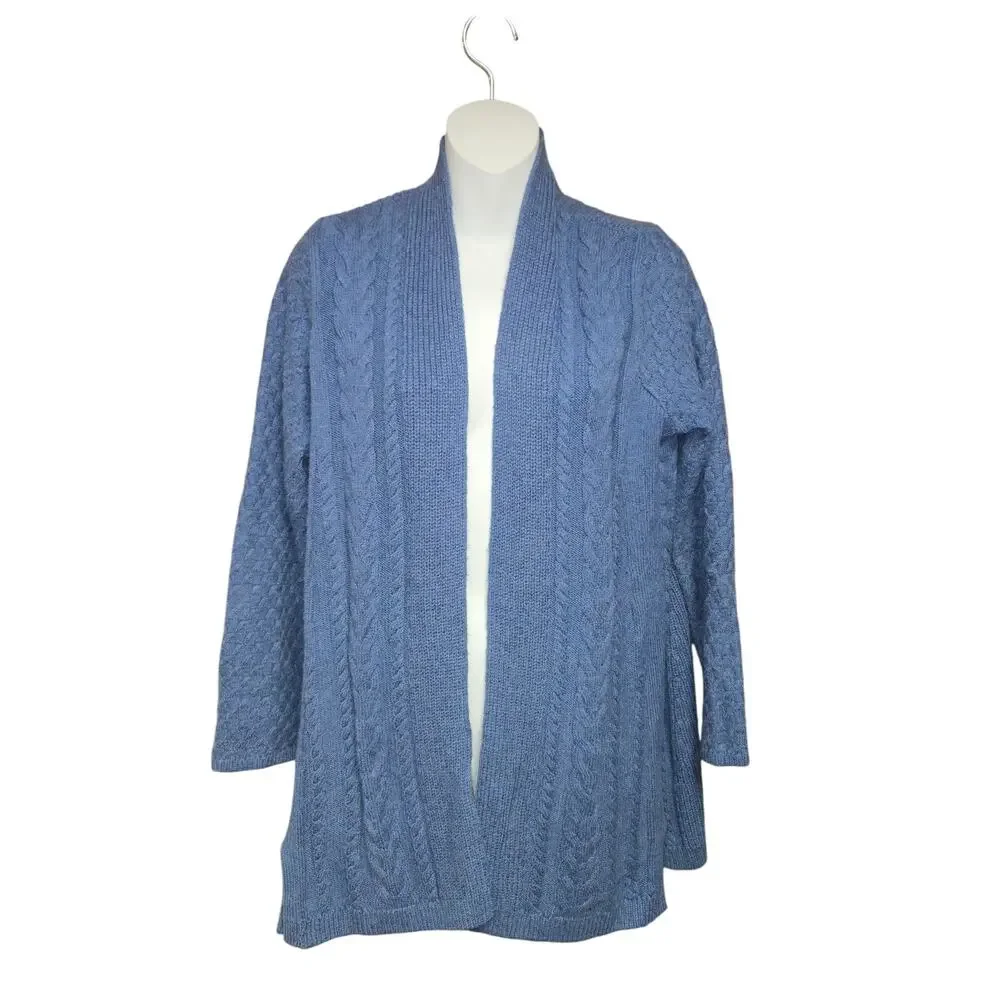 J Jill M Petite Open Front Cable Knit Cardigan Sweater Blue Chunky Knit‎ Classic